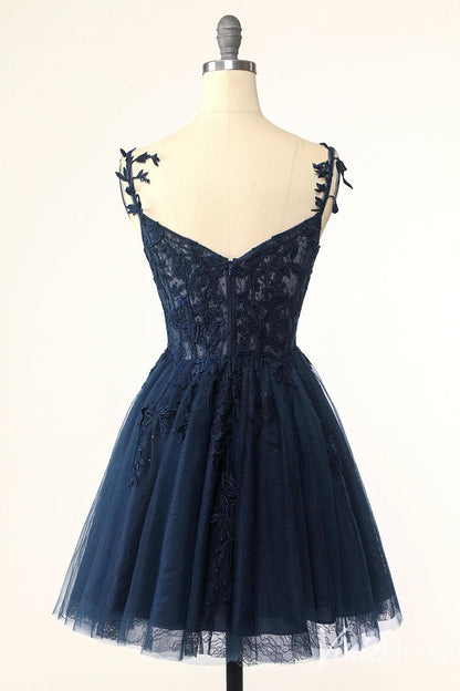Navy Blue Spaghetti Strap Homecoming Dresses Lace Applique Back to School Dress S24025-prom dresses 2025 -Viniodress-Navy Blue-Custom Size-