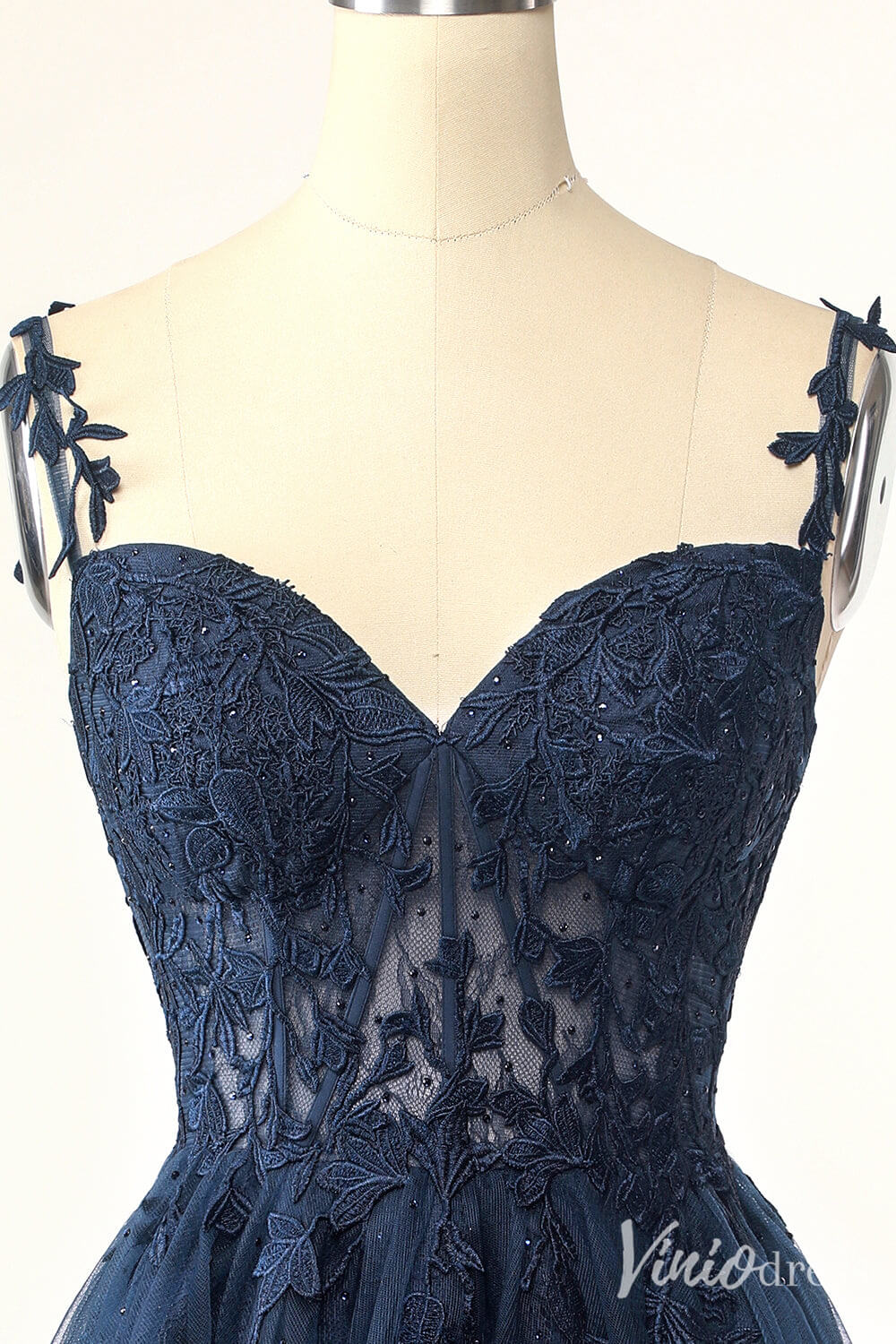 Navy Blue Spaghetti Strap Homecoming Dresses Lace Applique Back to School Dress S24025-prom dresses 2025 -Viniodress-Navy Blue-Custom Size-