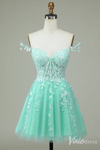 Navy Blue Spaghetti Strap Homecoming Dresses Lace Applique Back to School Dress S24025-prom dresses 2025 -Viniodress-Navy Blue-Custom Size-