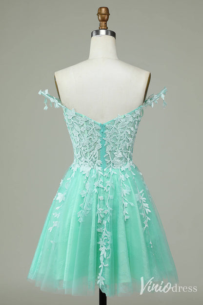 Navy Blue Spaghetti Strap Homecoming Dresses Lace Applique Back to School Dress S24025-prom dresses 2025 -Viniodress-Navy Blue-Custom Size-