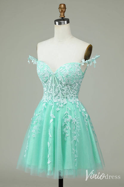 Navy Blue Spaghetti Strap Homecoming Dresses Lace Applique Back to School Dress S24025-prom dresses 2025 -Viniodress-Navy Blue-Custom Size-