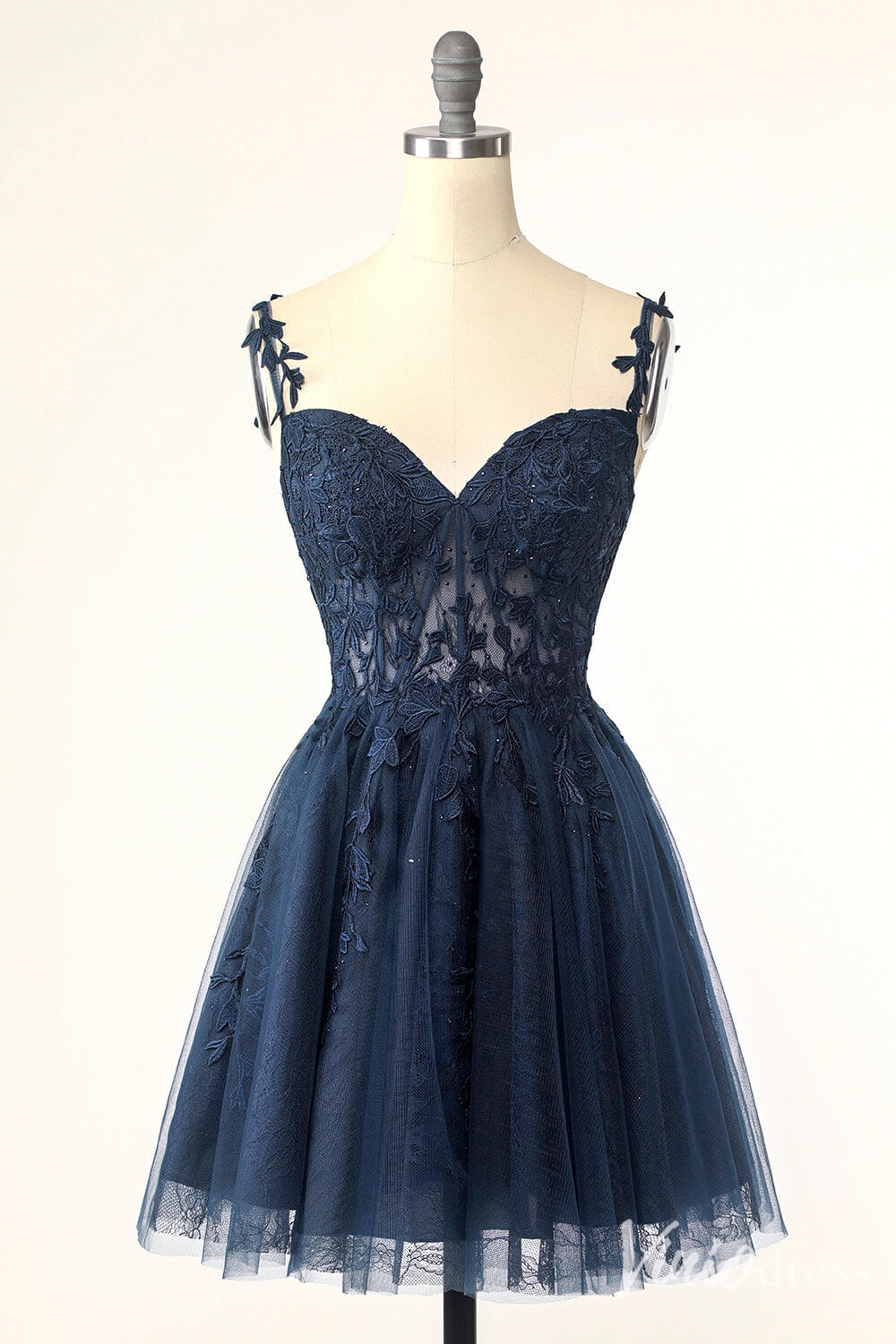 Navy Blue Spaghetti Strap Homecoming Dresses Lace Applique Back to School Dress S24025-prom dresses 2025 -Viniodress-Navy Blue-Custom Size-