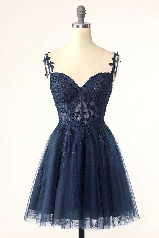 Navy Blue Spaghetti Strap Homecoming Dresses Lace Applique Back to School Dress S24025-prom dresses 2025 -Viniodress-Navy Blue-Custom Size-