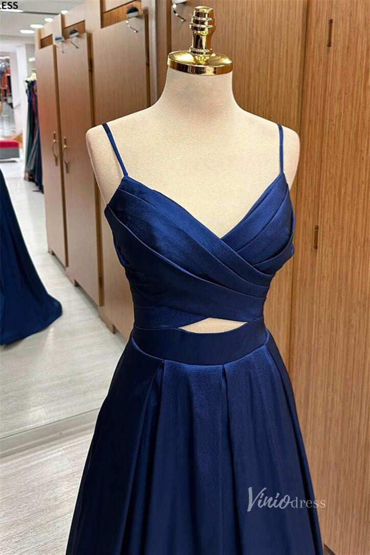 Navy Blue Spaghetti Strap Prom Dresses Crossed Pleated Bodice FD3984 - Viniodressprom dressesNavy BlueCustom Size - Formal Dresses - Ball Gowns