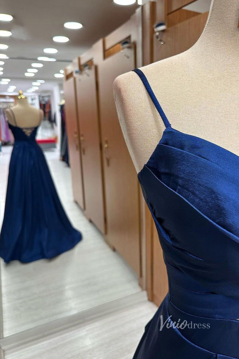 Navy Blue Spaghetti Strap Prom Dresses Crossed Pleated Bodice FD3984 - Viniodressprom dressesNavy BlueCustom Size - Formal Dresses - Ball Gowns