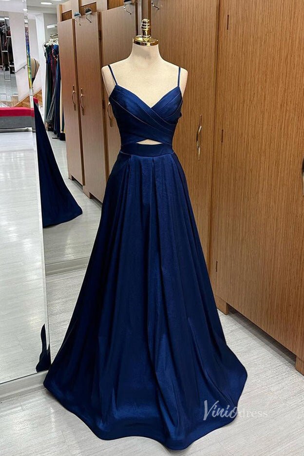 Navy Blue Spaghetti Strap Prom Dresses Crossed Pleated Bodice FD3984 - Viniodressprom dressesNavy BlueCustom Size - Formal Dresses - Ball Gowns