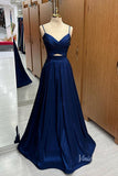 Navy Blue Spaghetti Strap Prom Dresses Crossed Pleated Bodice FD3984