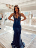 Navy Blue Sparkly Sequin Prom Dresses Mermaid Spaghetti Strap Evening Dress FD3676-prom dresses-Viniodress-Viniodress