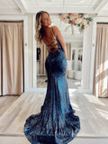 Navy Blue Sparkly Sequin Prom Dresses Mermaid Spaghetti Strap Evening Dress FD3676