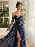 prom dresses 2025 Navy Blue Starry Tulle Prom Dresses with Gloves, Slit & Sweetheart Neckline - TO0004-plus size wedding dresses Viniodress-Blue-Custom Size-