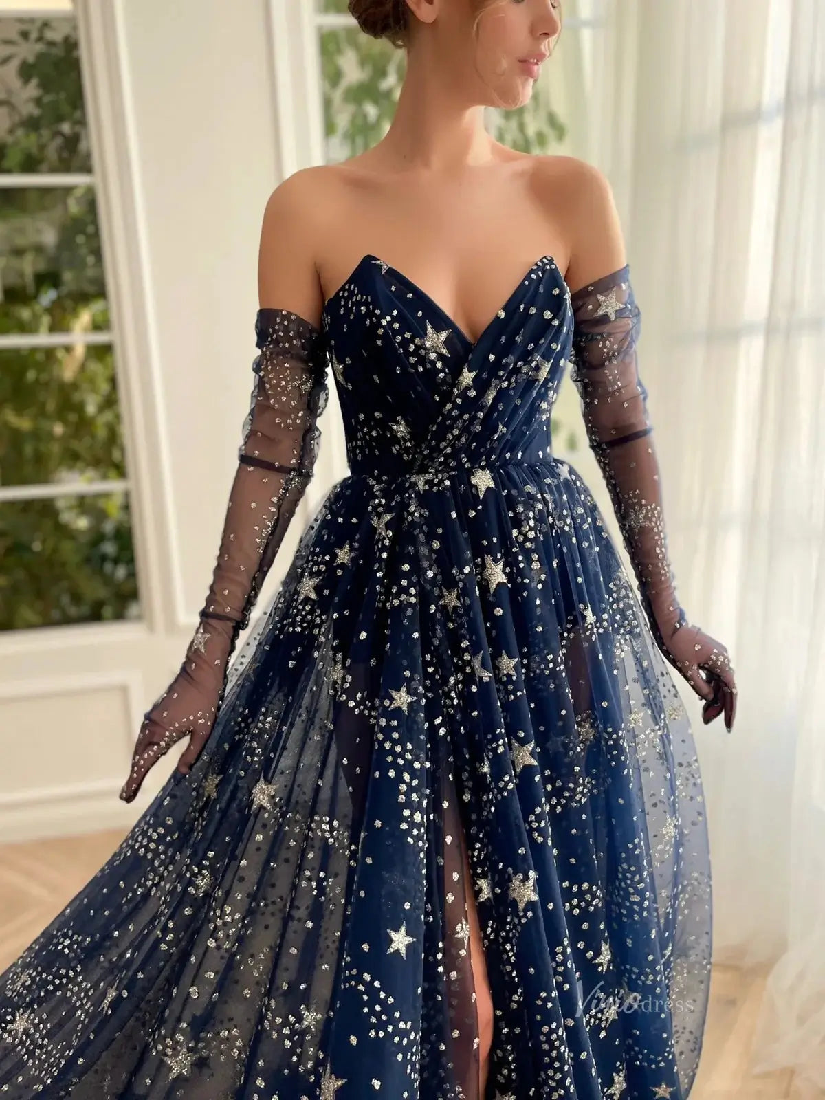 prom dresses 2025 Navy Blue Starry Tulle Prom Dresses with Gloves, Slit & Sweetheart Neckline - TO0004-plus size wedding dresses Viniodress-Blue-Custom Size-