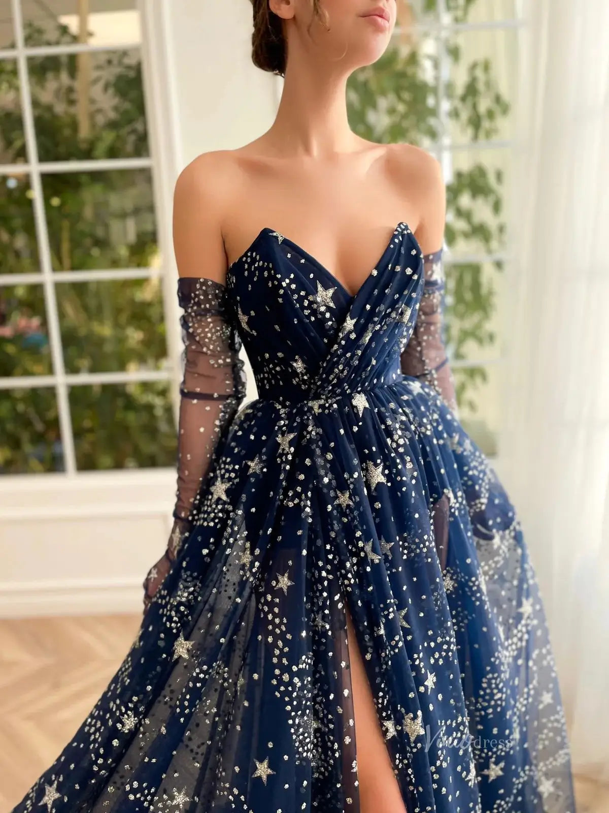 prom dresses 2025 Navy Blue Starry Tulle Prom Dresses with Gloves, Slit & Sweetheart Neckline - TO0004-plus size wedding dresses Viniodress-Blue-Custom Size-