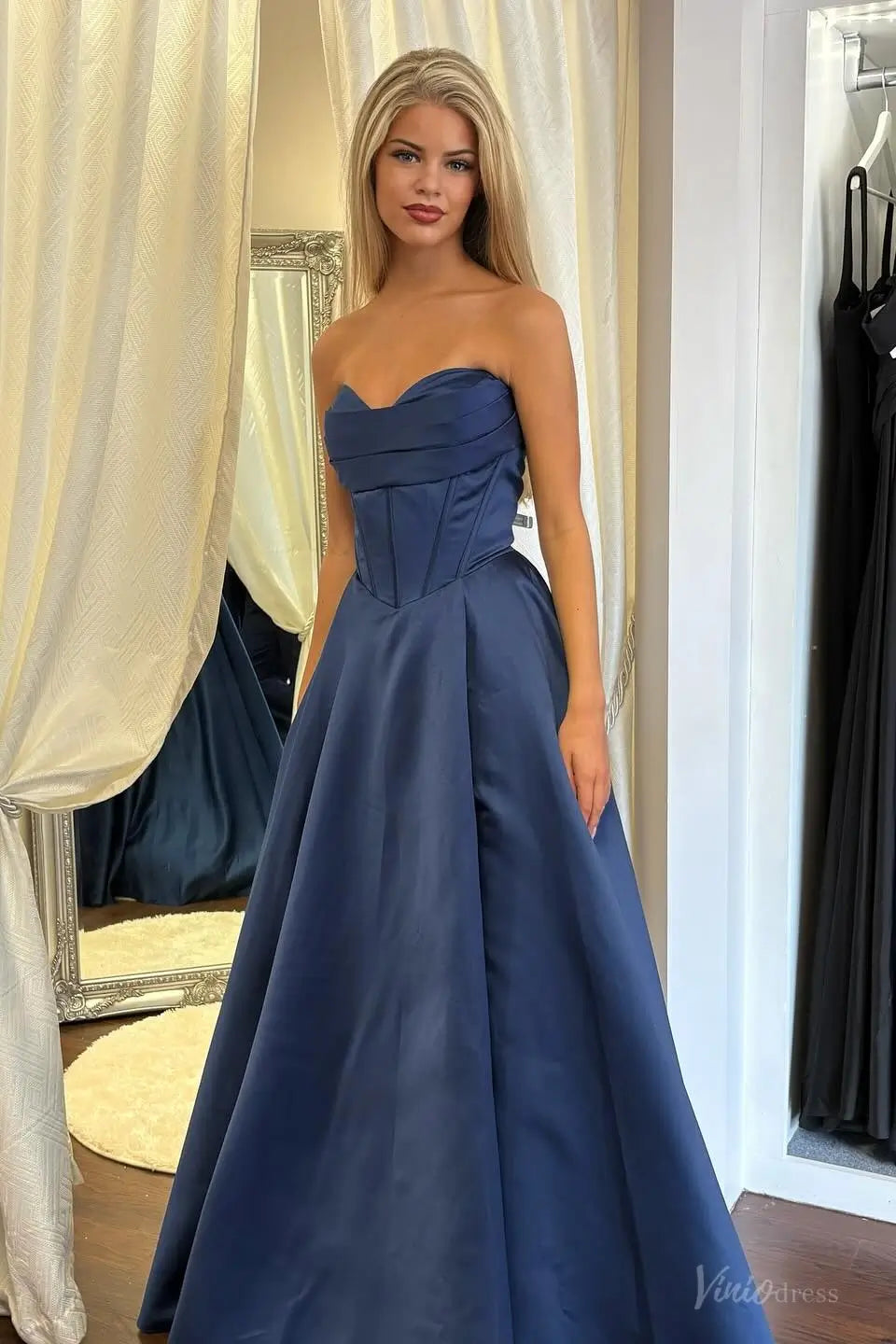 Navy Blue Strapless Satin Prom Dress with High Slit | AS074 Viniodress Navy Blue Strapless Satin Prom Dress with High Slit | AS074 Viniodress