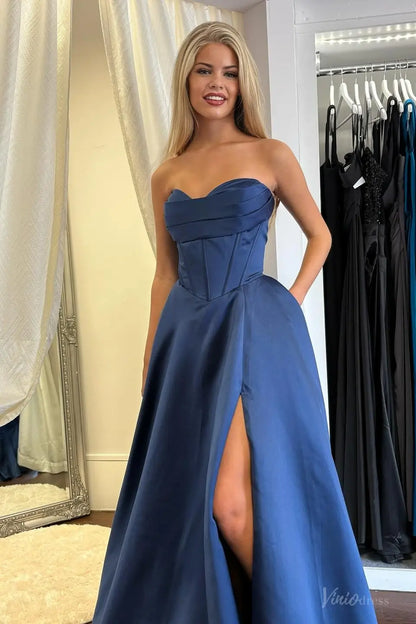 Navy Blue Strapless Satin Prom Dress with High Slit | AS074 Viniodress Navy Blue Strapless Satin Prom Dress with High Slit | AS074 Viniodress