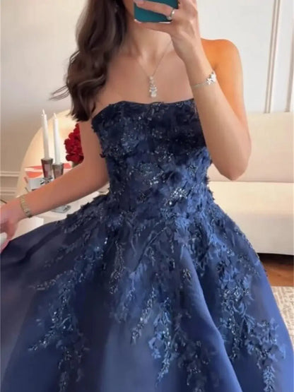 Navy Blue Strapless Satin Prom Dress with Lace & 3D Flowers - FD5280-prom dresses 2025 -Viniodress-Navy Blue-Custom Size-