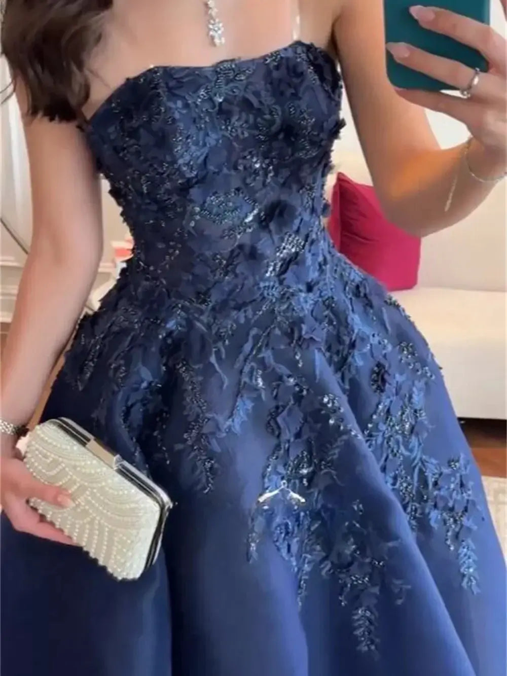 Navy Blue Strapless Satin Prom Dress with Lace & 3D Flowers - FD5280-prom dresses 2025 -Viniodress-Navy Blue-Custom Size-