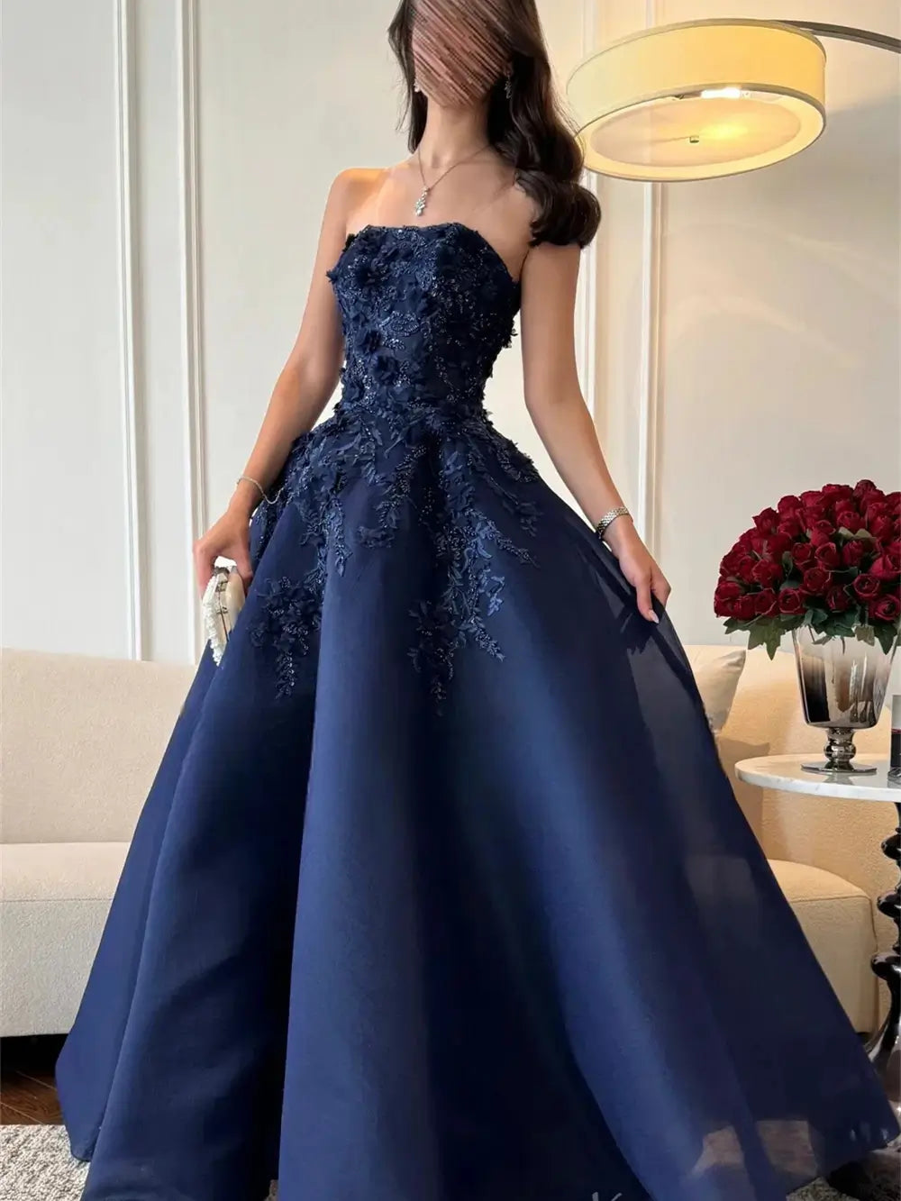 Navy Blue Strapless Satin Prom Dress with Lace & 3D Flowers - FD5280-prom dresses 2025 -Viniodress-Navy Blue-Custom Size-