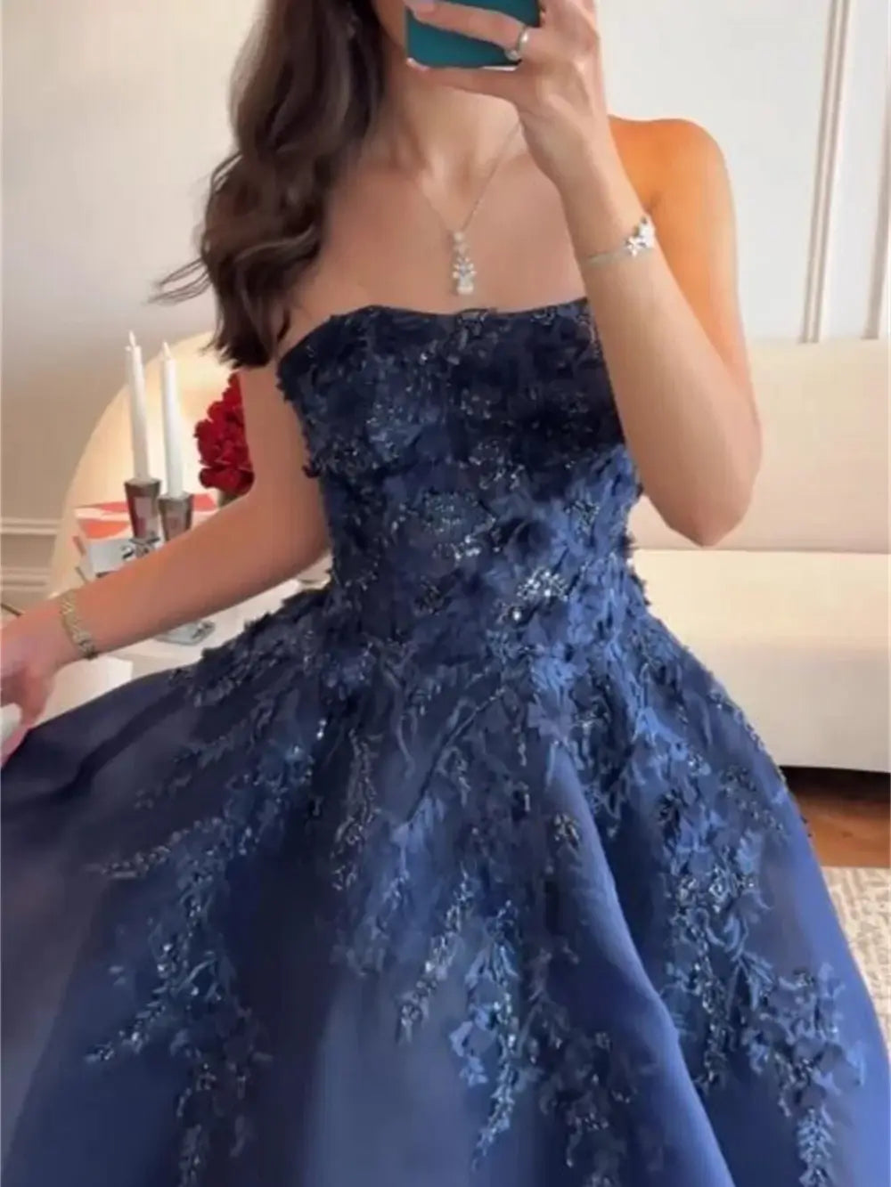 Navy Blue Strapless Satin Prom Dress with Lace & 3D Flowers - FD5280 Viniodress Navy Blue Strapless Satin Prom Dress with Lace & 3D Flowers - FD5280 Viniodress