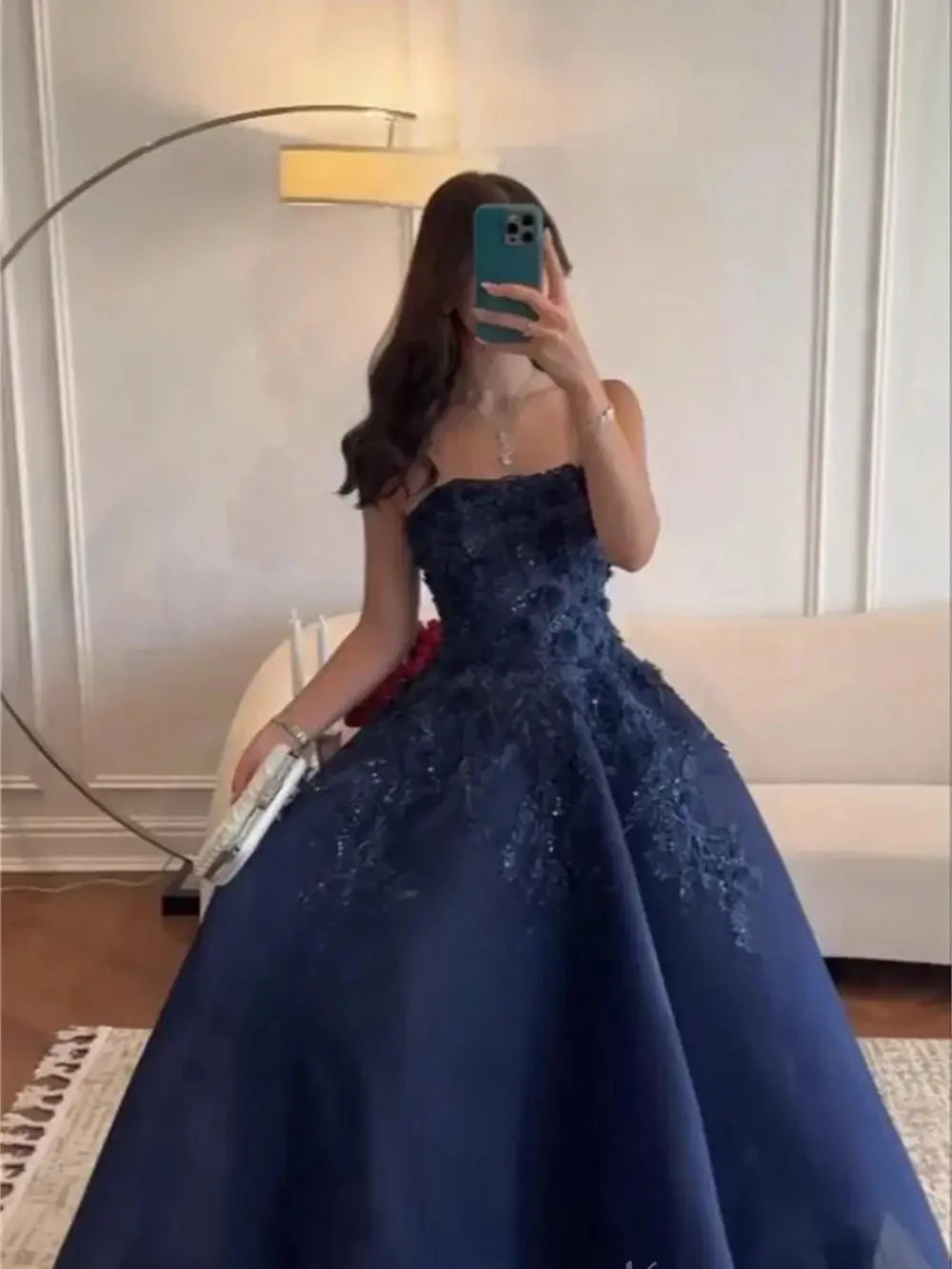 Navy Blue Strapless Satin Prom Dress with Lace & 3D Flowers
