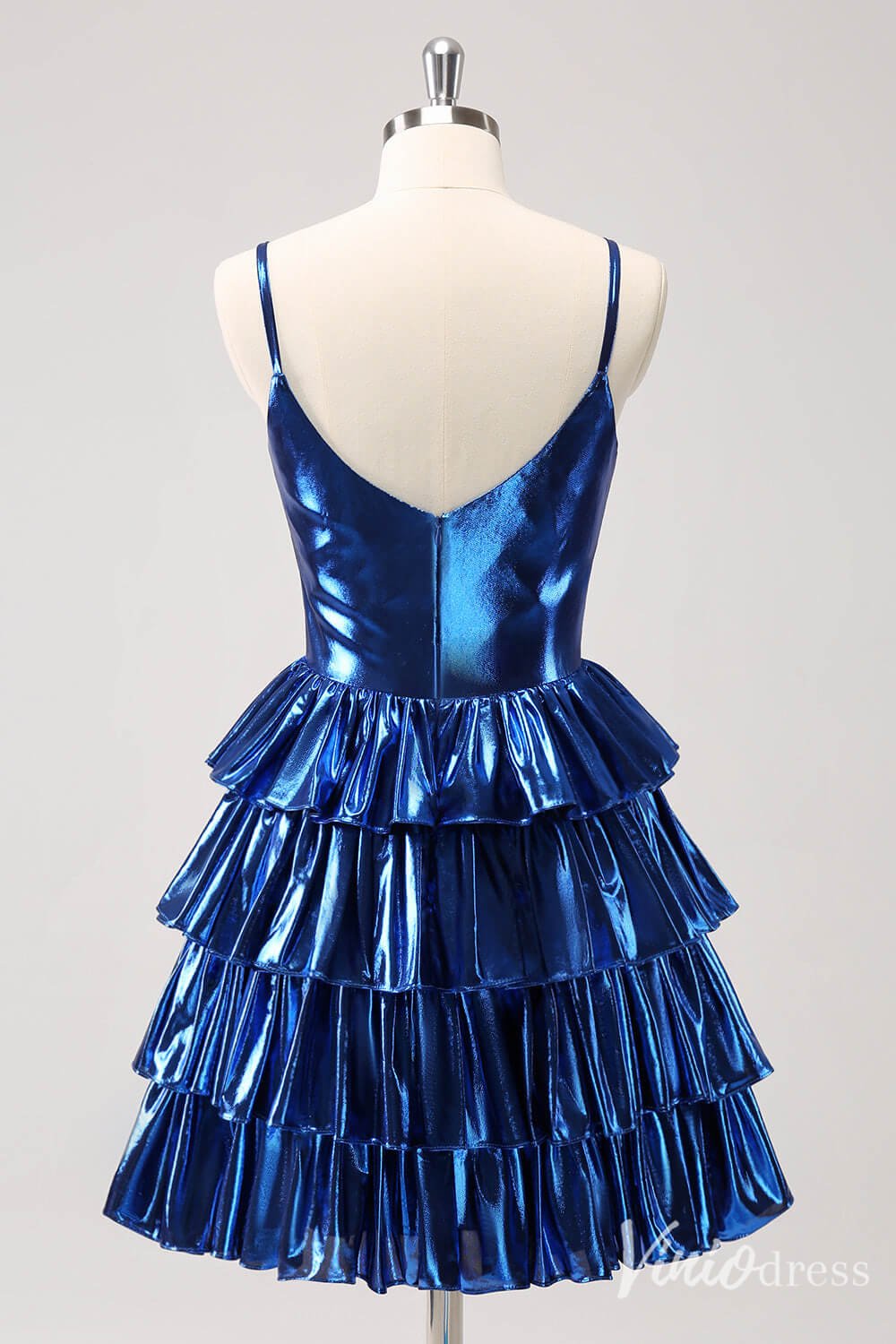 Navy Blue Tiered Homecoming Dresses Spaghetti Strap V-Neck Back to School Dress S24023-prom dresses 2025 -Viniodress-Navy Blue-Custom Size-