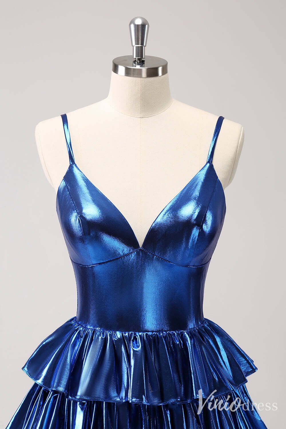 Navy Blue Tiered Homecoming Dresses Spaghetti Strap V-Neck Back to School Dress S24023-prom dresses 2025 -Viniodress-Navy Blue-Custom Size-