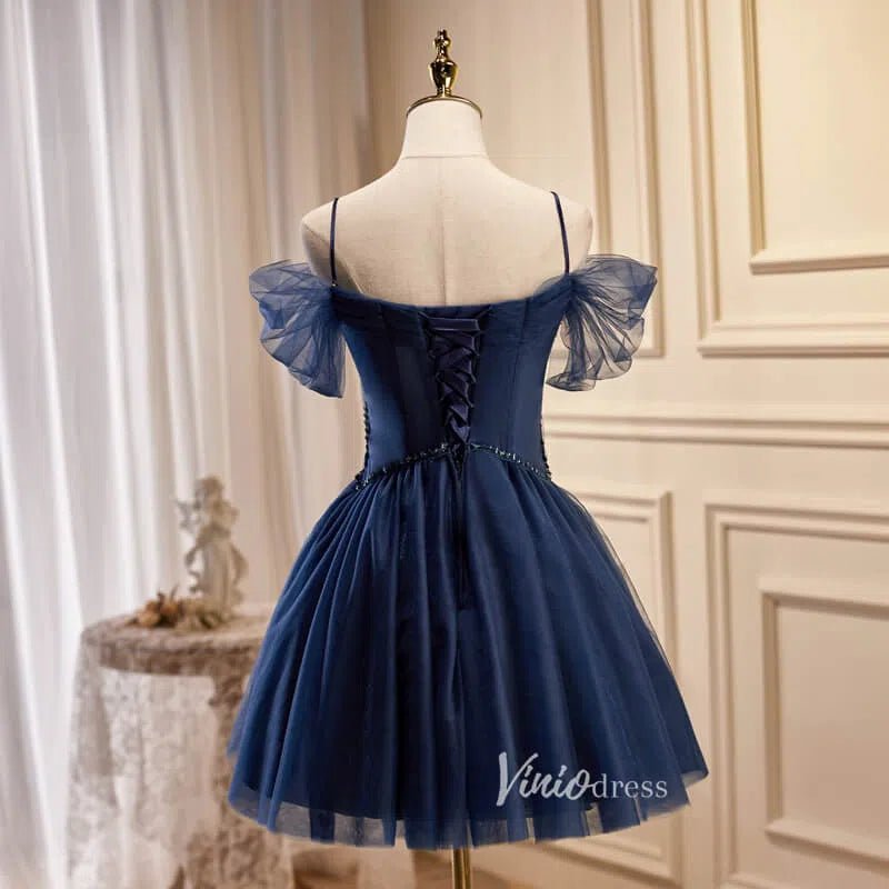 Navy Blue Tulle Homecoming Dresses Spaghetti Strap Short Prom Dress SD Viniodress Navy Blue Tulle Homecoming Dresses Spaghetti Strap Short Prom Dress SD Viniodress