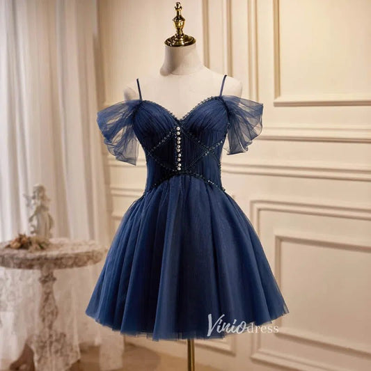 Navy Blue Tulle Homecoming Dresses Spaghetti Strap Short Prom Dress SD1586-prom dresses 2025 -Viniodress-Navy Blue-Custom Size-