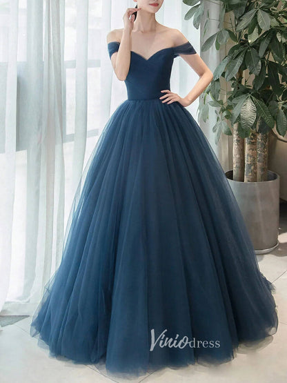 Navy Blue Tulle Prom Dresses Off the Shoulder Evening Dress FD3189-prom dresses 2025 -Viniodress-Navy Blue-Custom Size-
