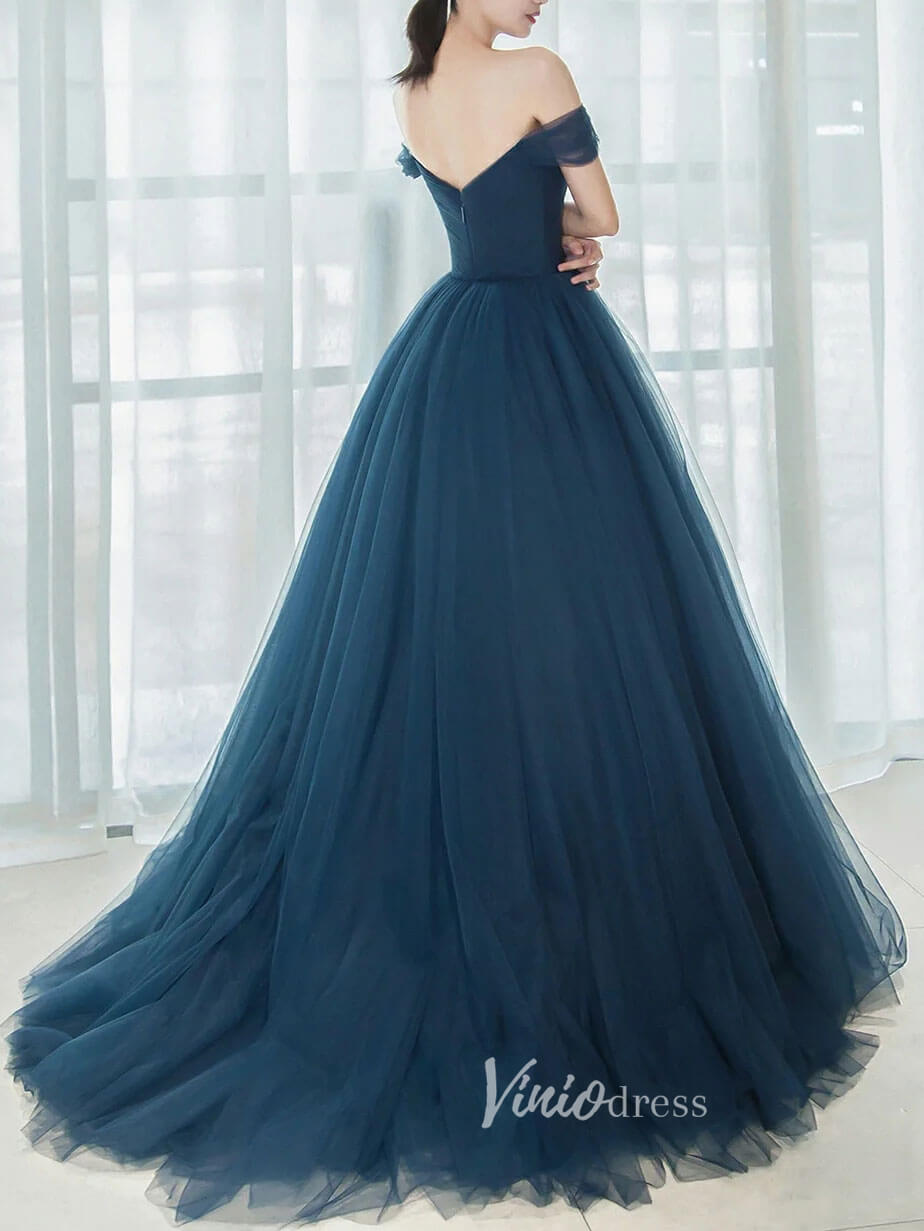 Prom Dress 2025 Navy Blue Tulle Prom Dresses Off the Shoulder Evening Dress FD3189-unique prom dresses-Navy Blue-Custom Size-Viniodress