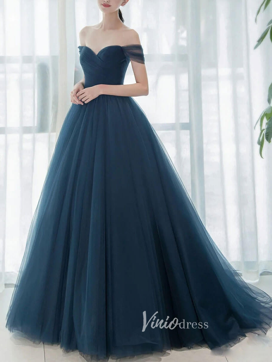 Prom Dress 2025 Navy Blue Tulle Prom Dresses Off the Shoulder Evening Dress FD3189-unique prom dresses-Navy Blue-Custom Size-Viniodress