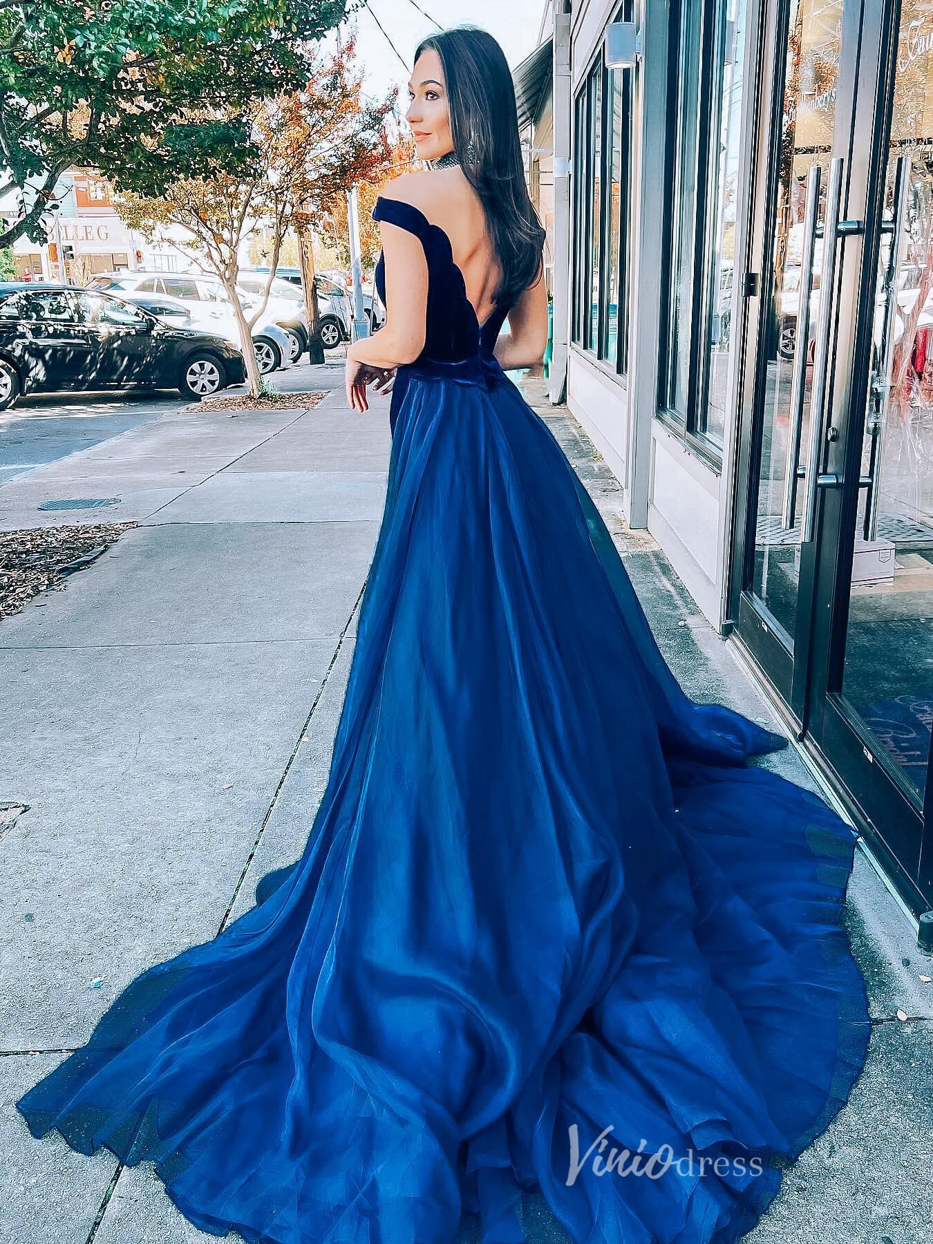 Navy Blue Velvet Mermaid Prom Dresses Organza Overskirt Off the Shoulder FD4056-prom dresses 2025 -Viniodress-Navy Blue-Custom Size-