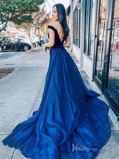 Navy Blue Velvet Mermaid Prom Dresses Organza Overskirt Off the Shoulder FD4056-prom dresses 2025 -Viniodress-Navy Blue-Custom Size-