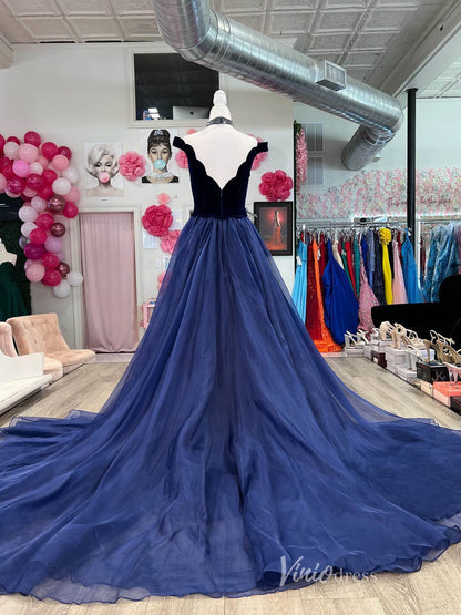Navy Blue Velvet Mermaid Prom Dresses Organza Overskirt Off the Shoulder FD4056-prom dresses 2025 -Viniodress-Navy Blue-Custom Size-