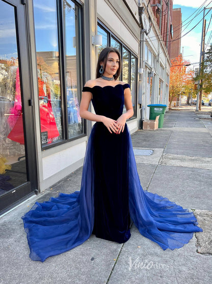 Navy Blue Velvet Mermaid Prom Dresses Organza Overskirt Off the Shoulder FD4056-prom dresses 2025 -Viniodress-Navy Blue-Custom Size-
