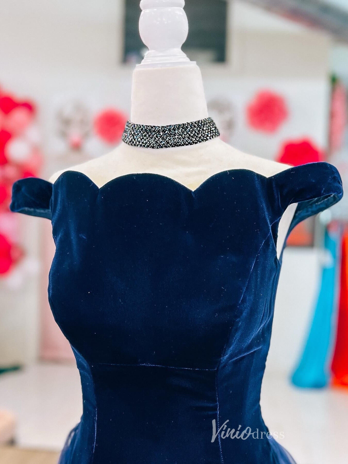 Navy Blue Velvet Mermaid Prom Dresses Organza Overskirt Off the Shoulder FD4056-prom dresses 2025 -Viniodress-Navy Blue-Custom Size-