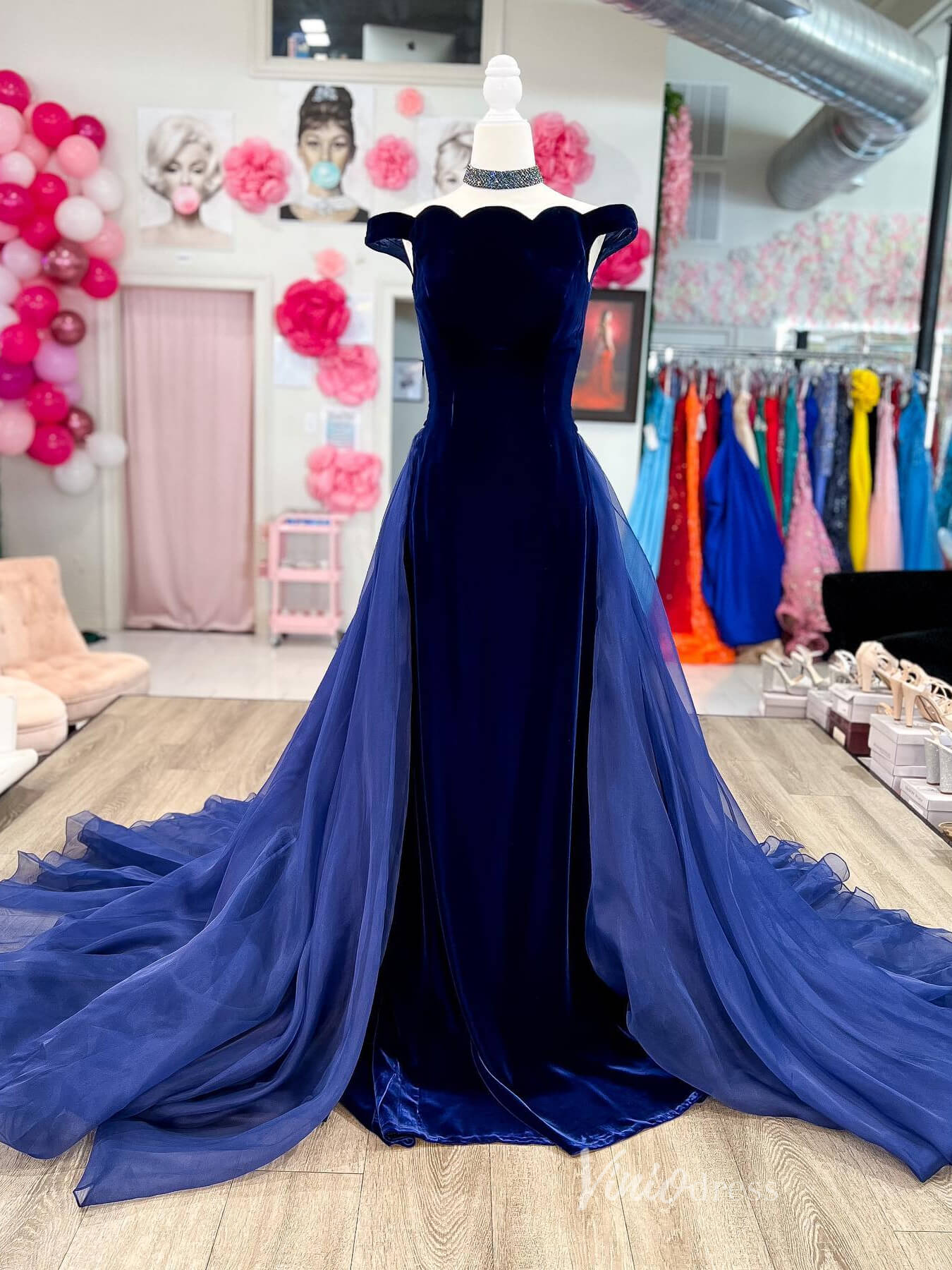 Navy Blue Velvet Mermaid Prom Dresses Organza Overskirt Off the Shoulder FD4056 - Viniodressprom dressesNavy BlueCustom Size - Formal Dresses - Ball Gowns