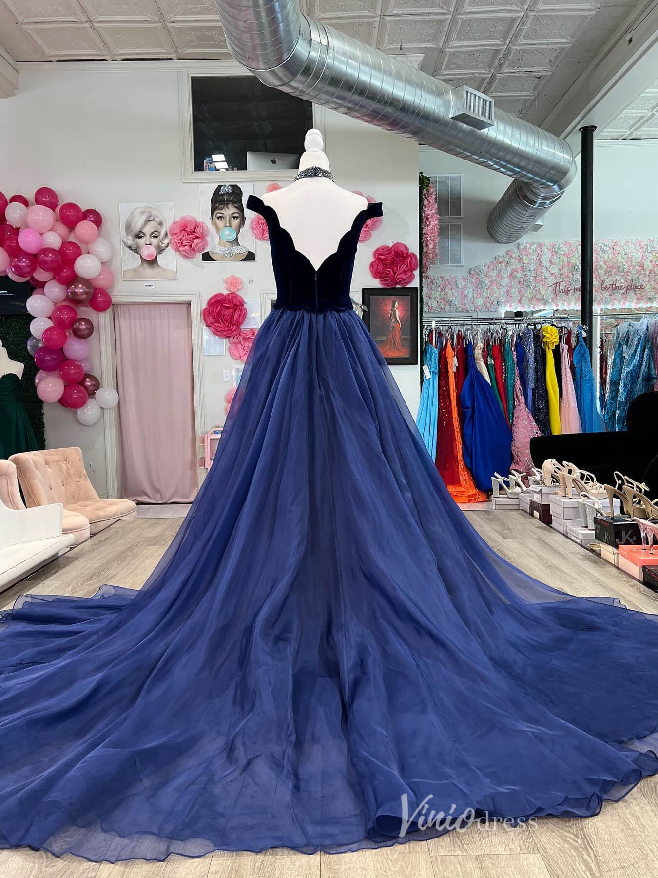 Navy Blue Velvet Mermaid Prom Dresses Organza Overskirt Off the Shoulder FD4056 - Viniodressprom dressesNavy BlueCustom Size - Formal Dresses - Ball Gowns