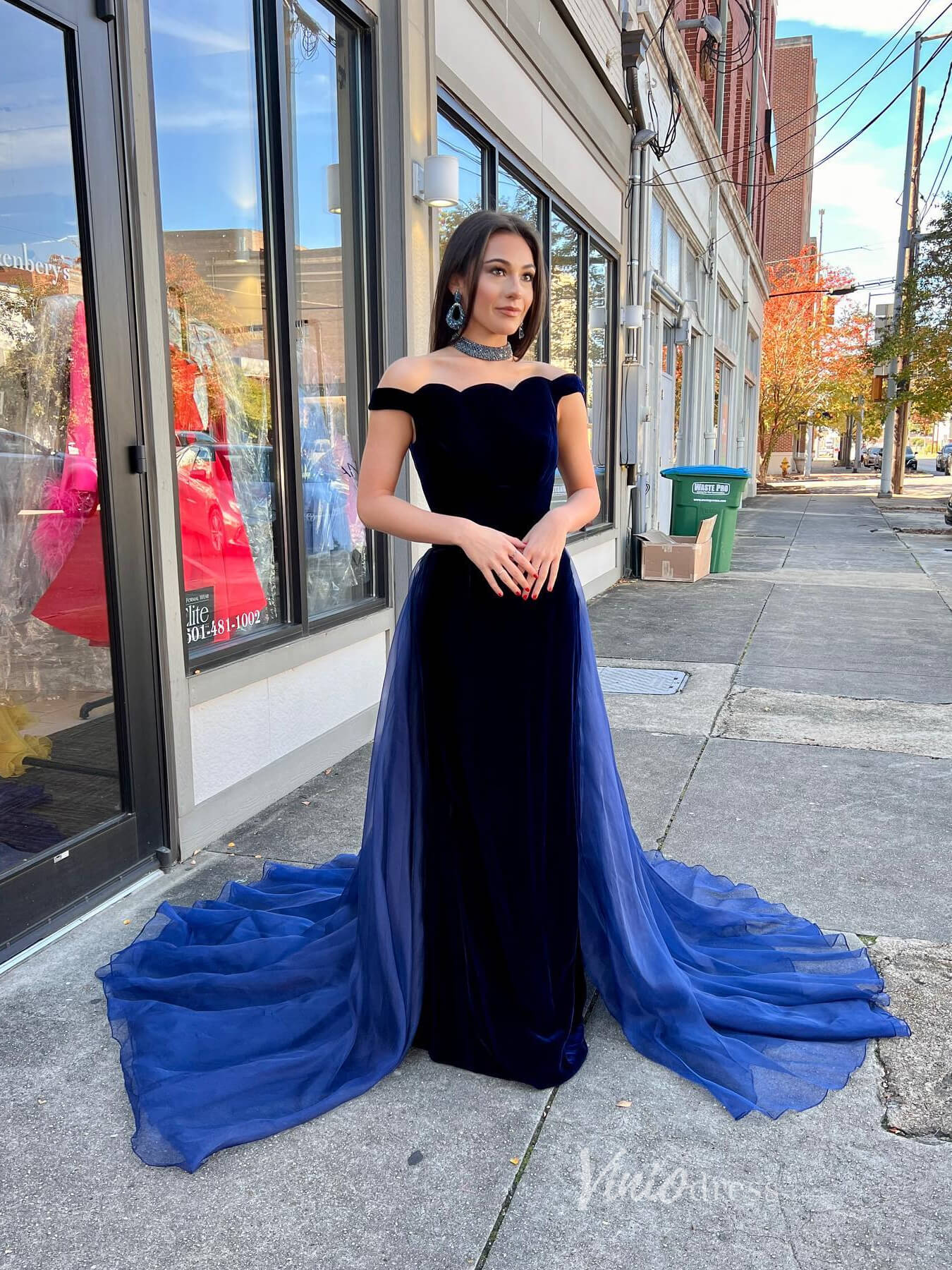 Navy Blue Velvet Mermaid Prom Dresses Organza Overskirt Off the Shoulder FD4056 - Viniodressprom dressesNavy BlueCustom Size - Formal Dresses - Ball Gowns