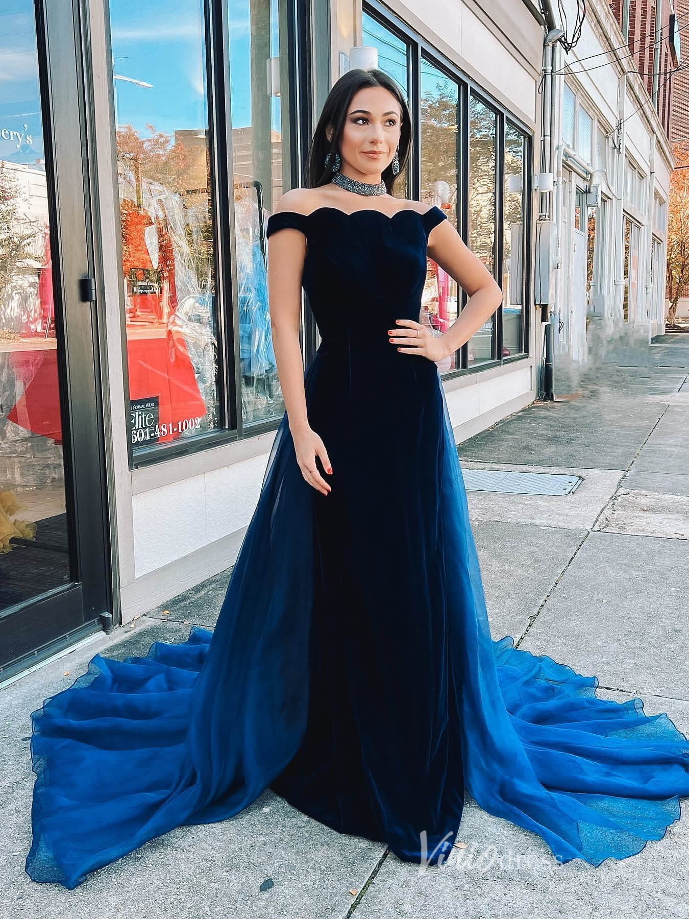 Navy Blue Velvet Mermaid Prom Dresses Organza Overskirt Off the Shoulder FD4056 - Viniodressprom dressesNavy BlueCustom Size - Formal Dresses - Ball Gowns