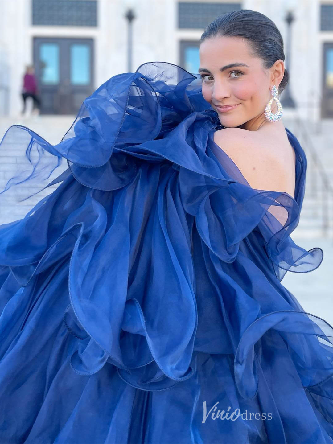 Navy Blue Velvet Mermaid Prom Dresses Tiered Tulle Cathedral Train FD2687-prom dresses 2025 -Viniodress-Navy Blue-Custom Size-