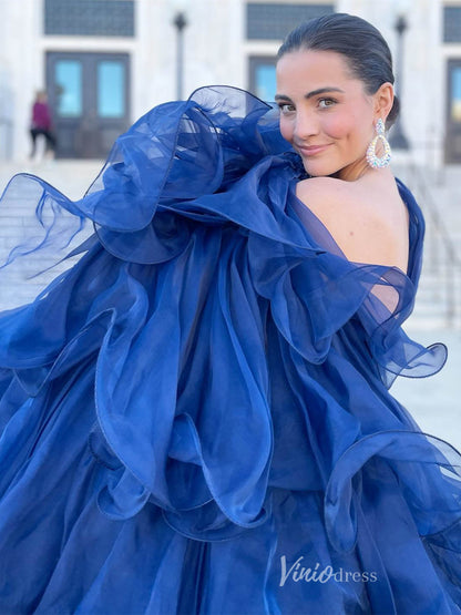 Navy Blue Velvet Mermaid Prom Dresses Tiered Tulle Cathedral Train FD2687-prom dresses 2025 -Viniodress-Navy Blue-Custom Size-