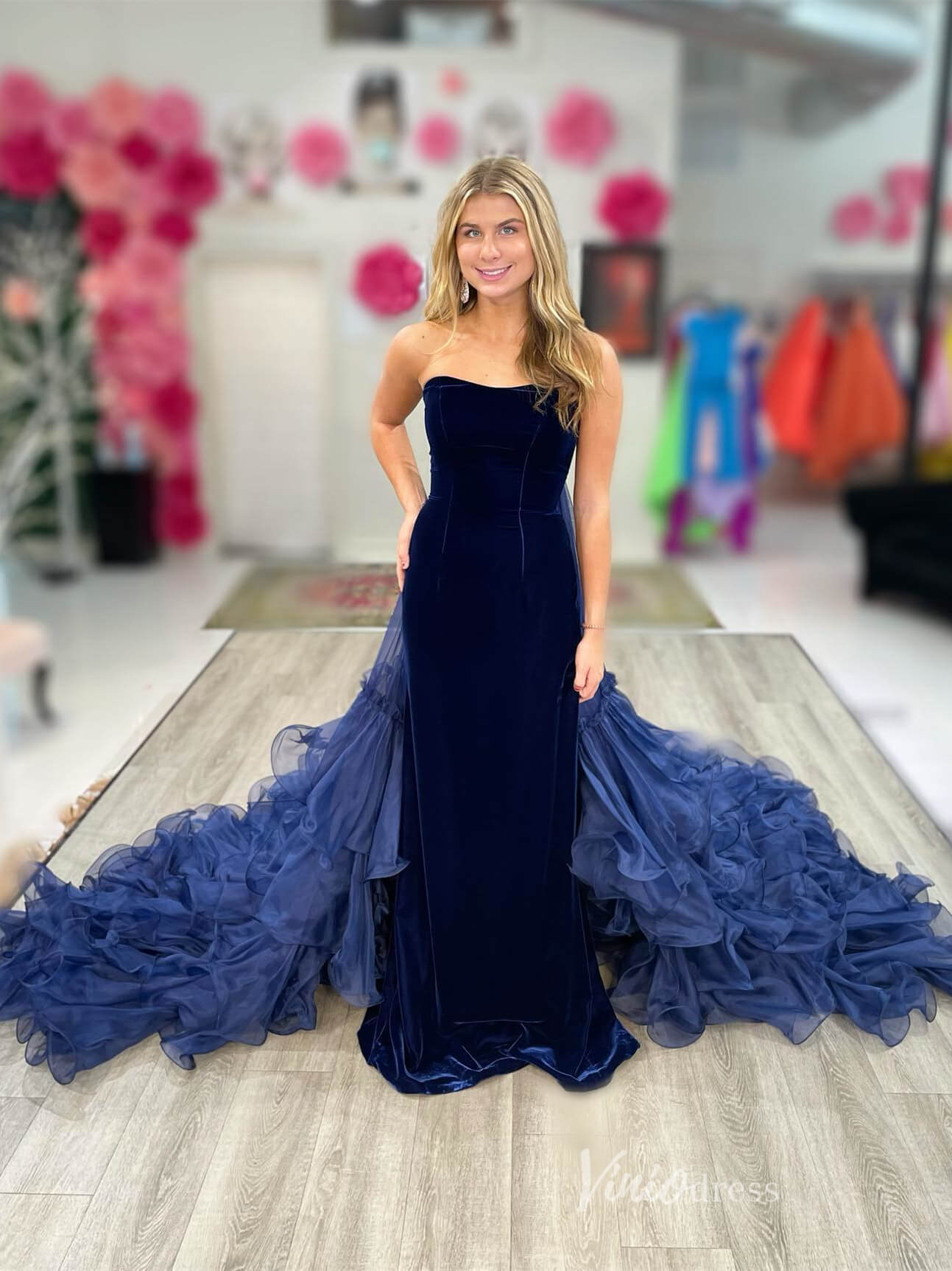 Navy Blue Velvet Mermaid Prom Dresses Tiered Tulle Cathedral Train FD2687 - Viniodressprom dressesNavy BlueCustom Size - Formal Dresses - Ball Gowns