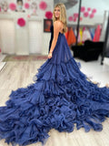 Navy Blue Velvet Mermaid Prom Dresses Tiered Tulle Cathedral Train FD2687