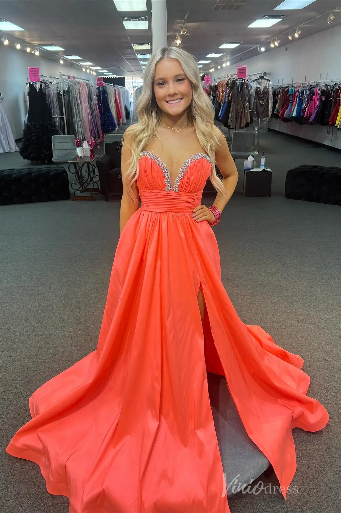 Neon Coral Satin Prom Dress with Beaded Plunge Neckline, Ruched Waist, and High Slit – AS004-prom dresses 2025 -Viniodress-Coral-Custom Size-