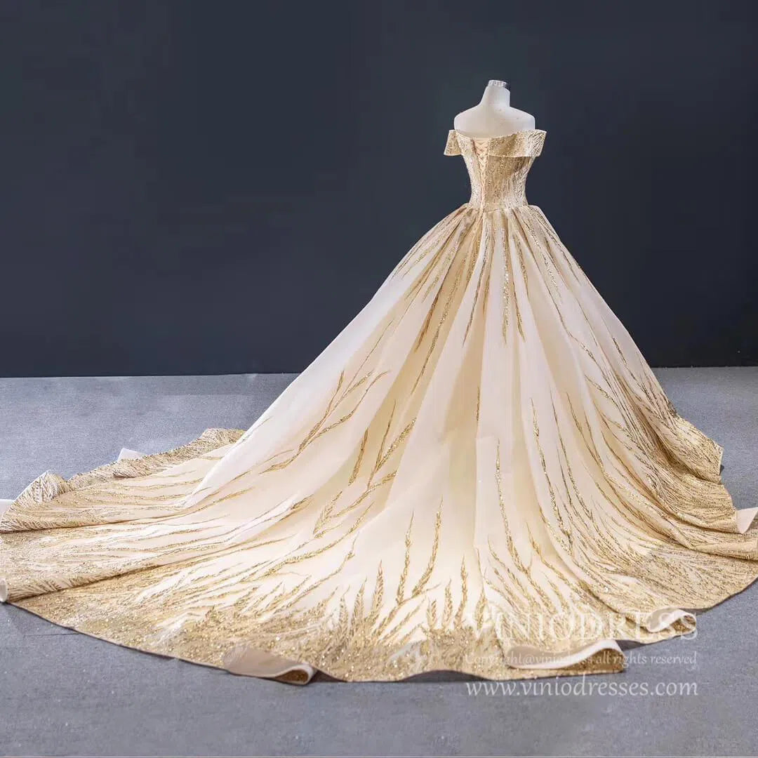 New Off the Shoulder Gold Wedding Dresses Luxury Debut Dress 67013 viniodress-wedding dresses 2025 -Viniodress-Gold-Custom Size-
