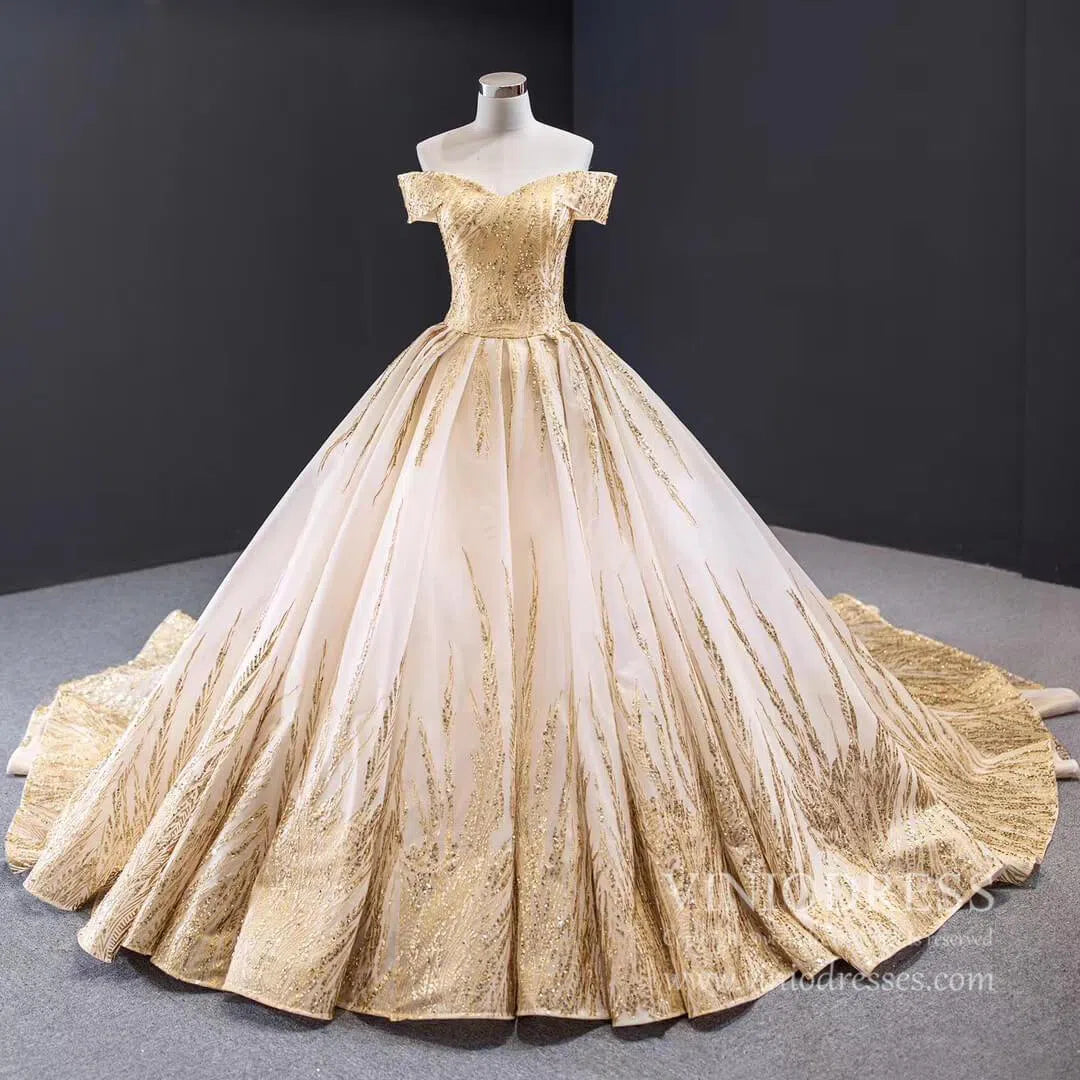 New Off the Shoulder Gold Wedding Dresses Luxury Debut Dress 67013 viniodress-wedding dresses 2025 -Viniodress-Gold-Custom Size-