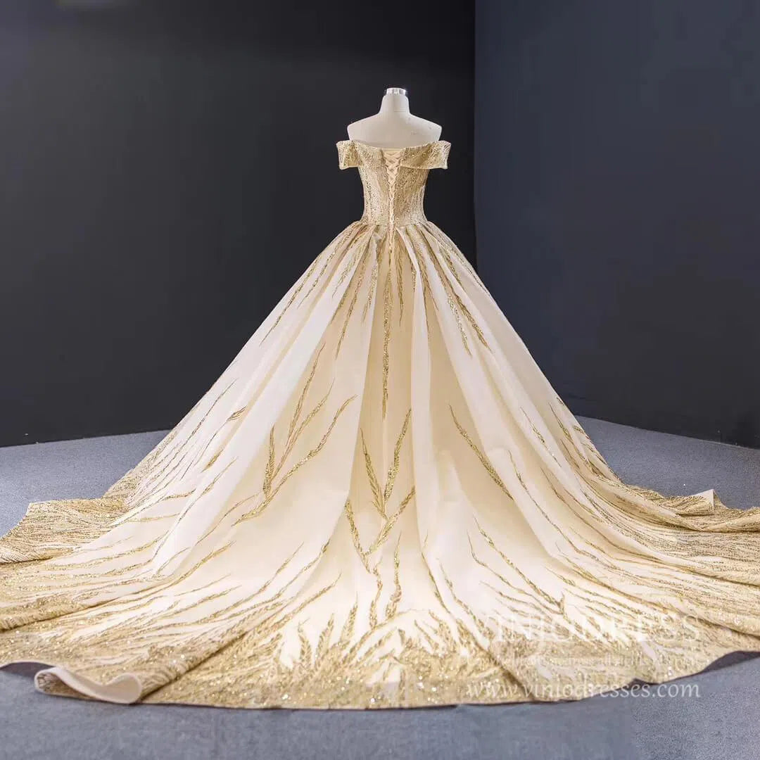 New Off the Shoulder Gold Wedding Dresses Luxury Debut Dress 67013 viniodress-wedding dresses 2025 -Viniodress-Gold-Custom Size-