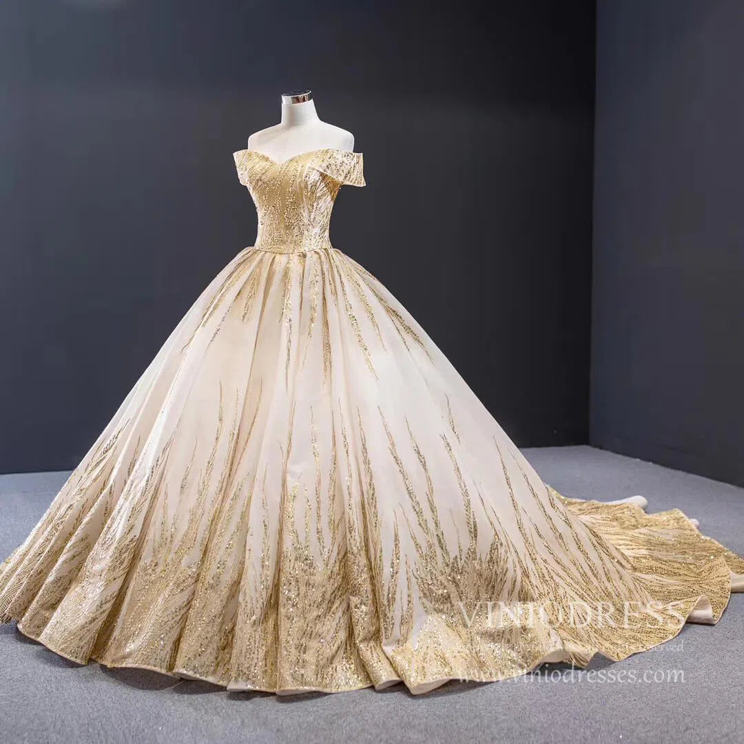 New Off the Shoulder Gold Wedding Dresses Luxury Debut Dress 67013 viniodress-wedding dresses 2025 -Viniodress-Gold-Custom Size-