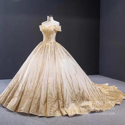 New Off the Shoulder Gold Wedding Dresses Luxury Debut Dress 67013 viniodress-wedding dresses 2025 -Viniodress-Gold-Custom Size-