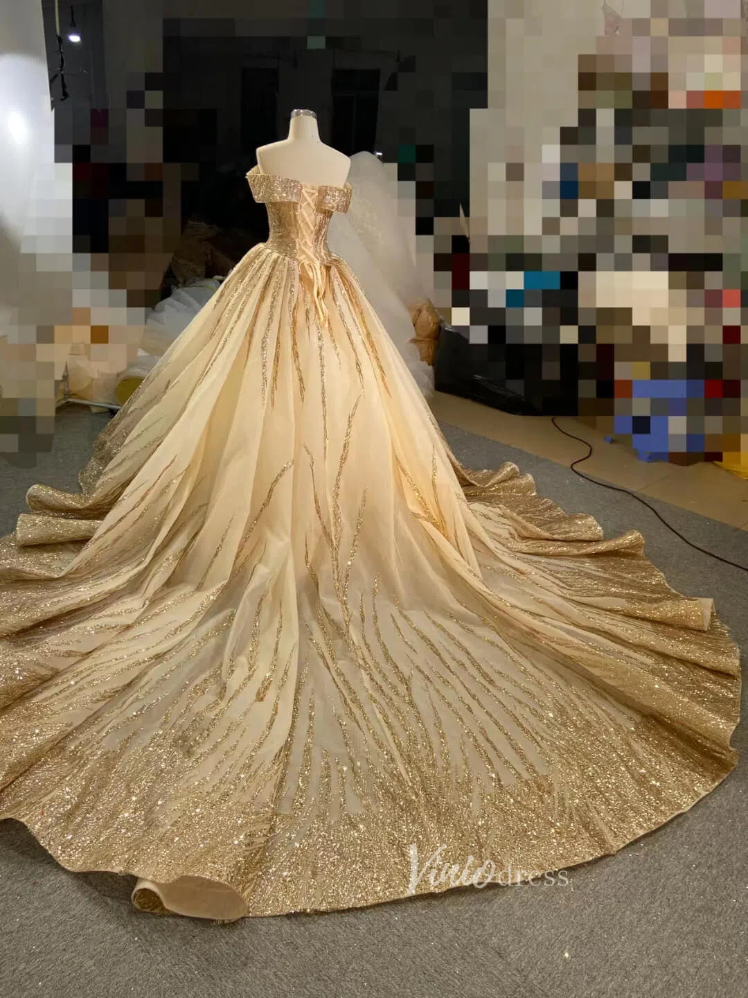 New Off the Shoulder Gold Wedding Dresses Luxury Debut Dress 67013 viniodress-wedding dresses 2025 -Viniodress-Gold-Custom Size-